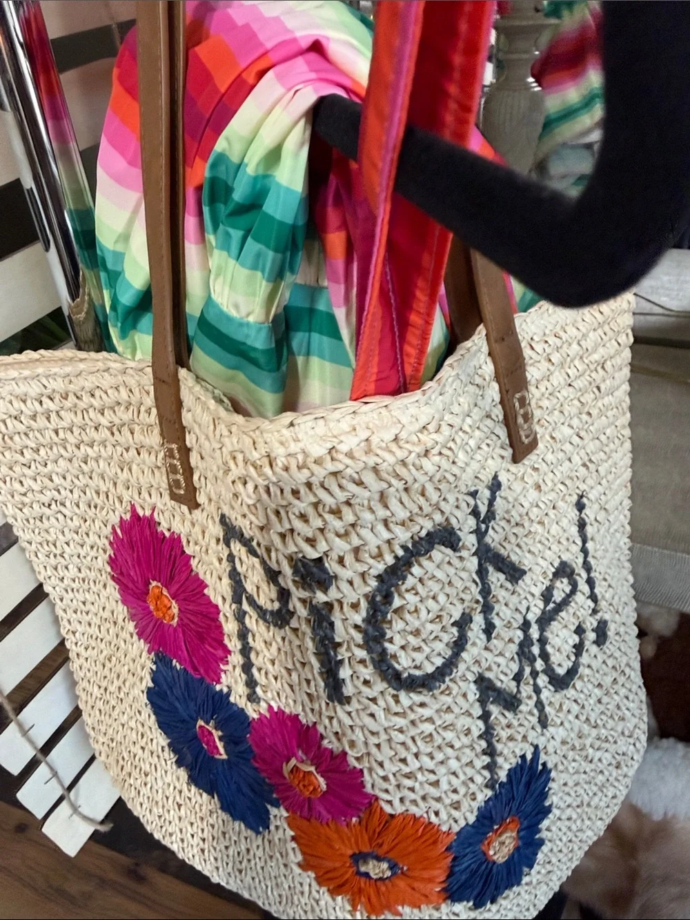 Pick Me NWT Natural Straw Tote with Pink, Blue & Orange Floral Embroidery